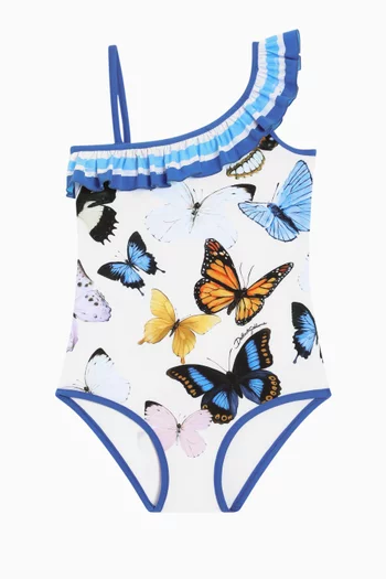 Butterfly-print One-shoulder Swimsuit in Nylon