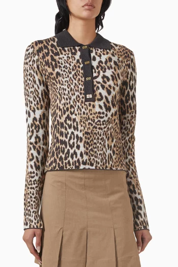 Leopard-print Polo Shirt in Wool-jacquard