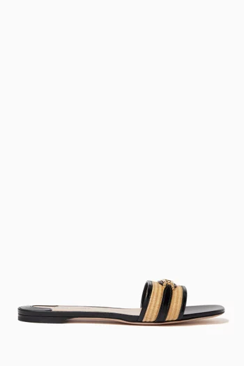 Whitney Chain-embellished Slides in Leather & Raffia