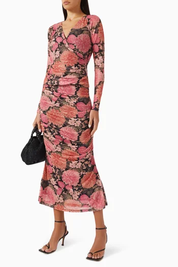 Yvaine Ruched Midi Skirt in Mesh