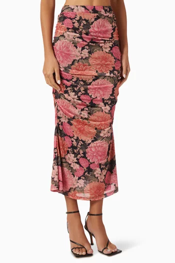 Yvaine Ruched Midi Skirt in Mesh