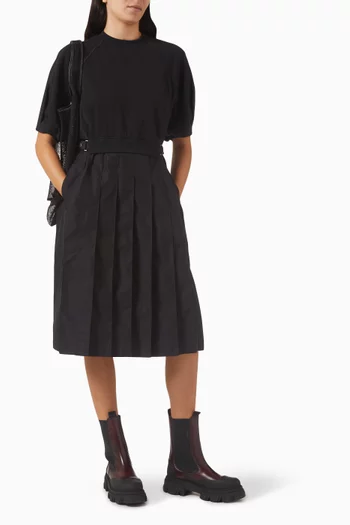 Lantern-sleeve Combo Pleat Dress in Cotton