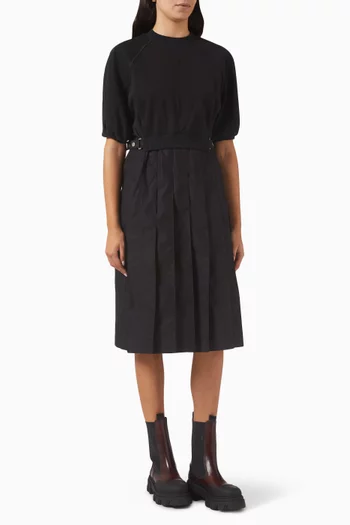 Lantern-sleeve Combo Pleat Dress in Cotton