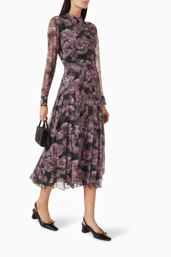 Printed Pleated Midi Dress in Silk