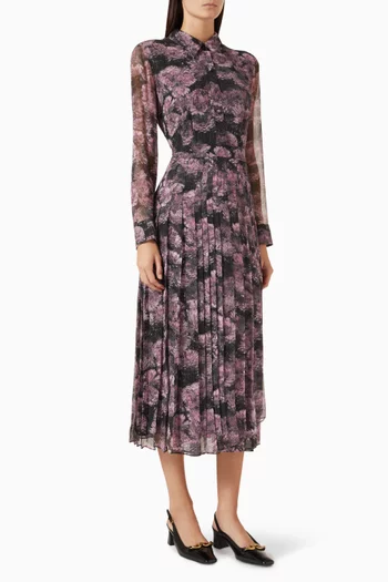 Printed Pleated Midi Dress in Silk