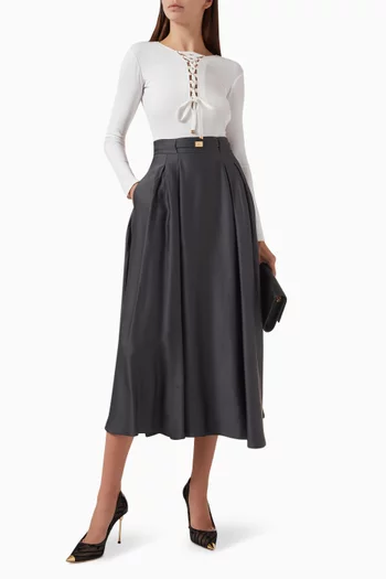 Belted Circle Midi Skirt in Satin