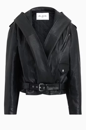 Hooded Biker Jacket in Leather