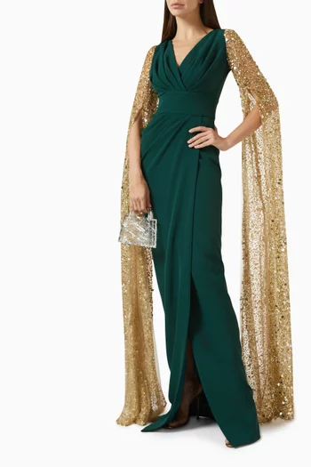 Noemy Cape-sleeve Maxi Dress in Crepe