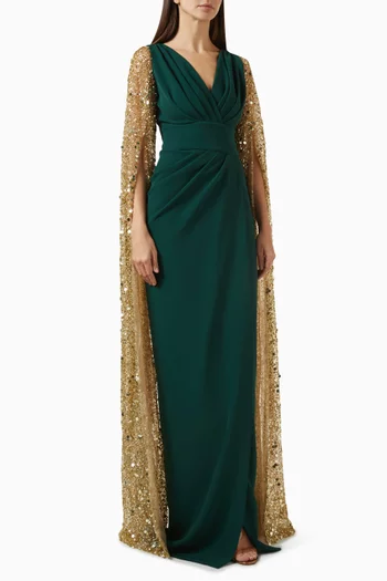 Noemy Cape-sleeve Maxi Dress in Crepe
