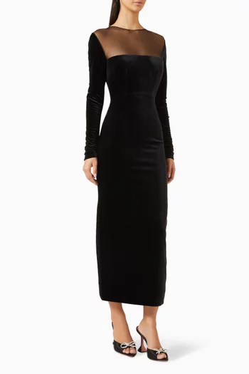 Mesh-panel Midi Dress in Velvet