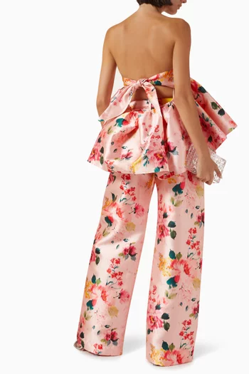 Printed Strapless Peplum Knot Top in Satin