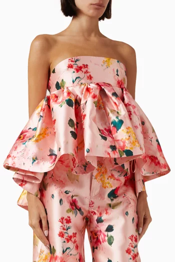 Printed Strapless Peplum Knot Top in Satin
