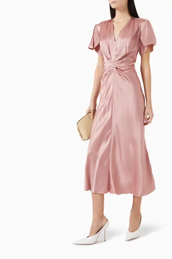 Gathered V-neck Midi Dress in Satin