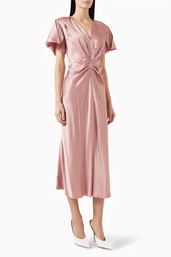 Gathered V-neck Midi Dress in Satin