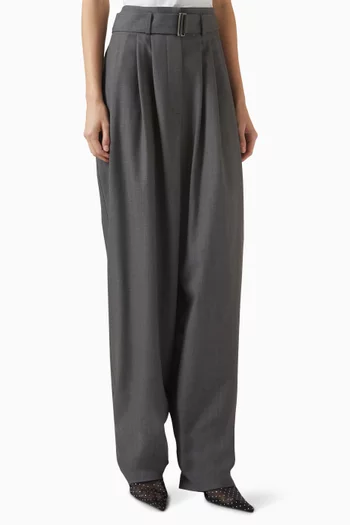 Belted Wide-leg Pants in Wool-blend