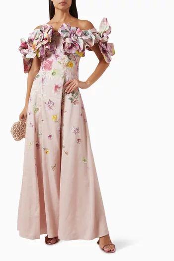 Misha Floral-neck Dress in Linen Blend
