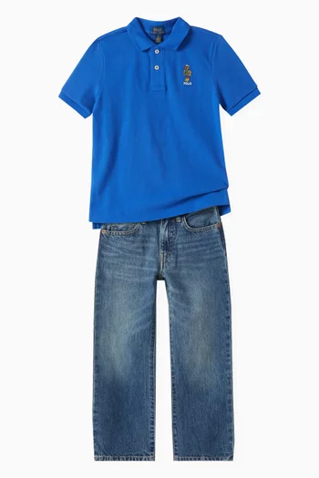 Embroidered-bear Logo Polo Shirt in Pique-knit