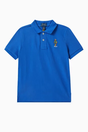 Embroidered-bear Logo Polo Shirt in Pique-knit