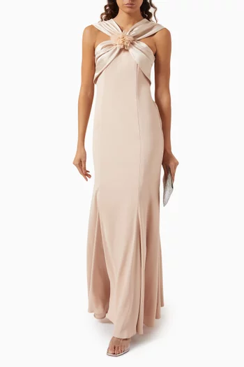 Floral-applique Maxi Dress in Crepe-satin