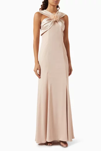 Floral-applique Maxi Dress in Crepe-satin