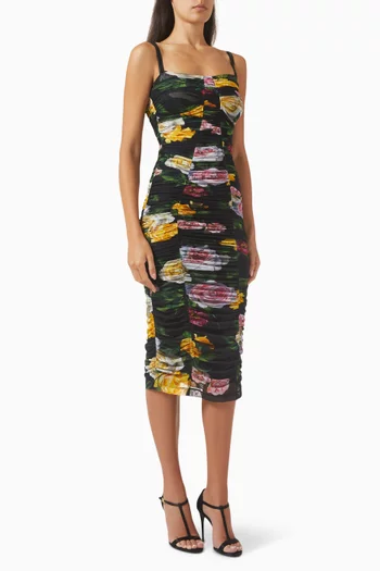 Floral-print Draped Midi Dress in Stretch Tulle
