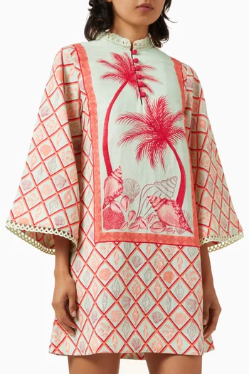 Palm-panel Mini Kaftan Dress in Hemp Blend