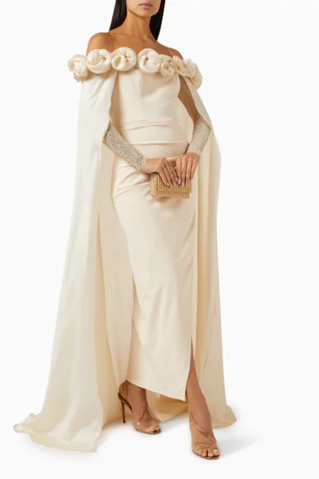 Feather Trim Maxi Dress in Scuba