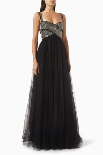 فستان سهرة مطرز بالأحجار تول