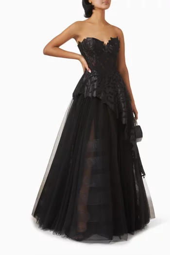 Strapless Embroidered Gown in Satin & Tulle