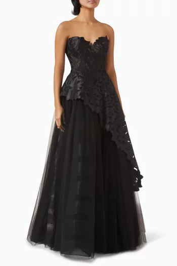 Strapless Embroidered Gown in Satin & Tulle