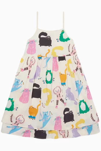 Cats Print Sleeveless Dress in Cotton