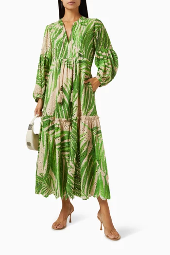 Palm-print Broderie Maxi Dress in Cotton