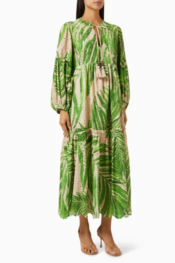 Palm-print Broderie Maxi Dress in Cotton