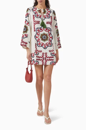 Embroidered Mini Dress in Linen-blend