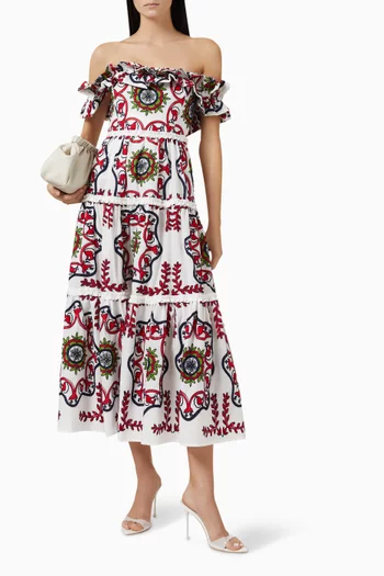 Embroidered Off-shoulder Maxi Dress in Cotton