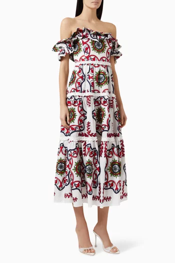 Embroidered Off-shoulder Maxi Dress in Cotton