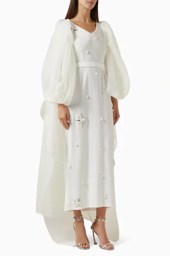 Embellished Cape Midi Dress in Organza & Crepe