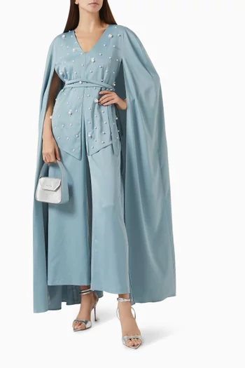 Embroidered Cape Jumpsuit in Crepe