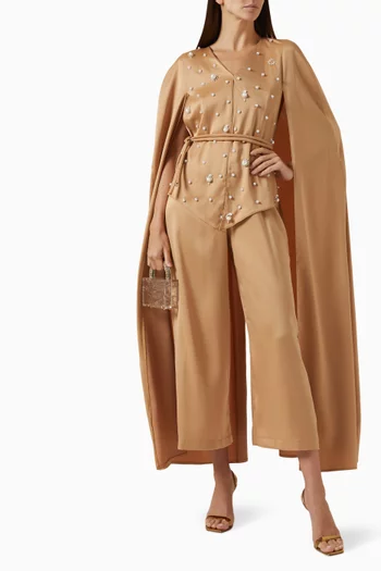 Embroidered Cape Jumpsuit in Crepe