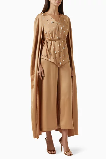 Embroidered Cape Jumpsuit in Crepe