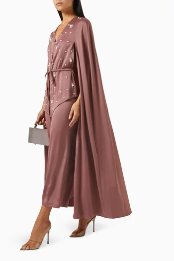 Embroidered Cape Jumpsuit in Crepe