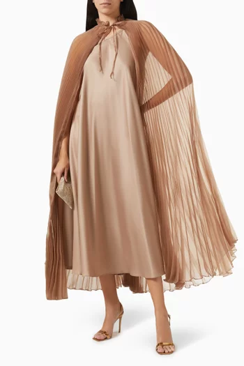 Pleated Cape Midi Dress in Satin