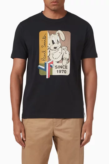 تي شيرت بطبعة أرنب وشعار 1970 قطن عضوي