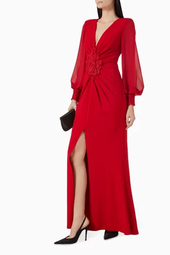 Flower-detail V-neck Gown in Crepe