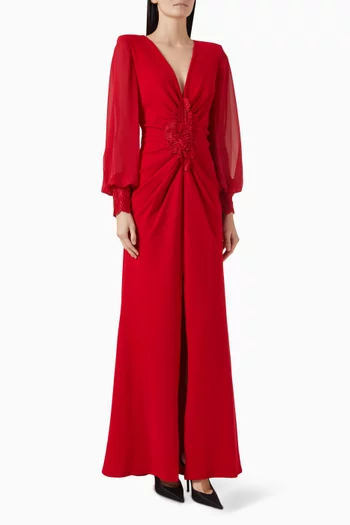 Flower-detail V-neck Gown in Crepe