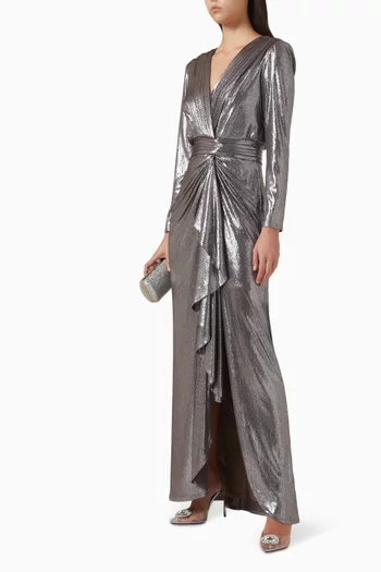 V-neck Ruffled Gown in Metallic-jersey