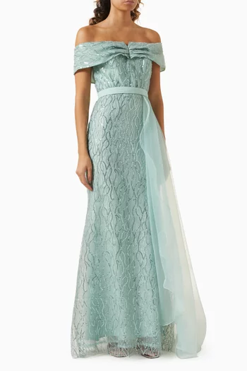 Off-shoulder Embellished Dress in Tulle