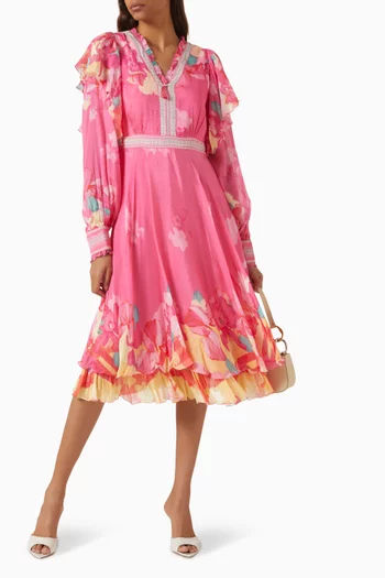 Printed Midi Dress in Chiffon & Crepe