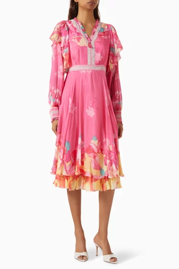 Printed Midi Dress in Chiffon & Crepe