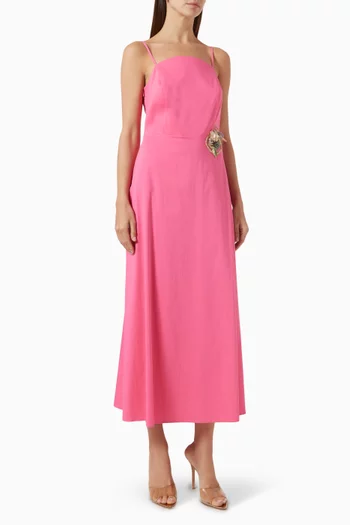 Floral Embellished Midi Dress in Cotton-blend